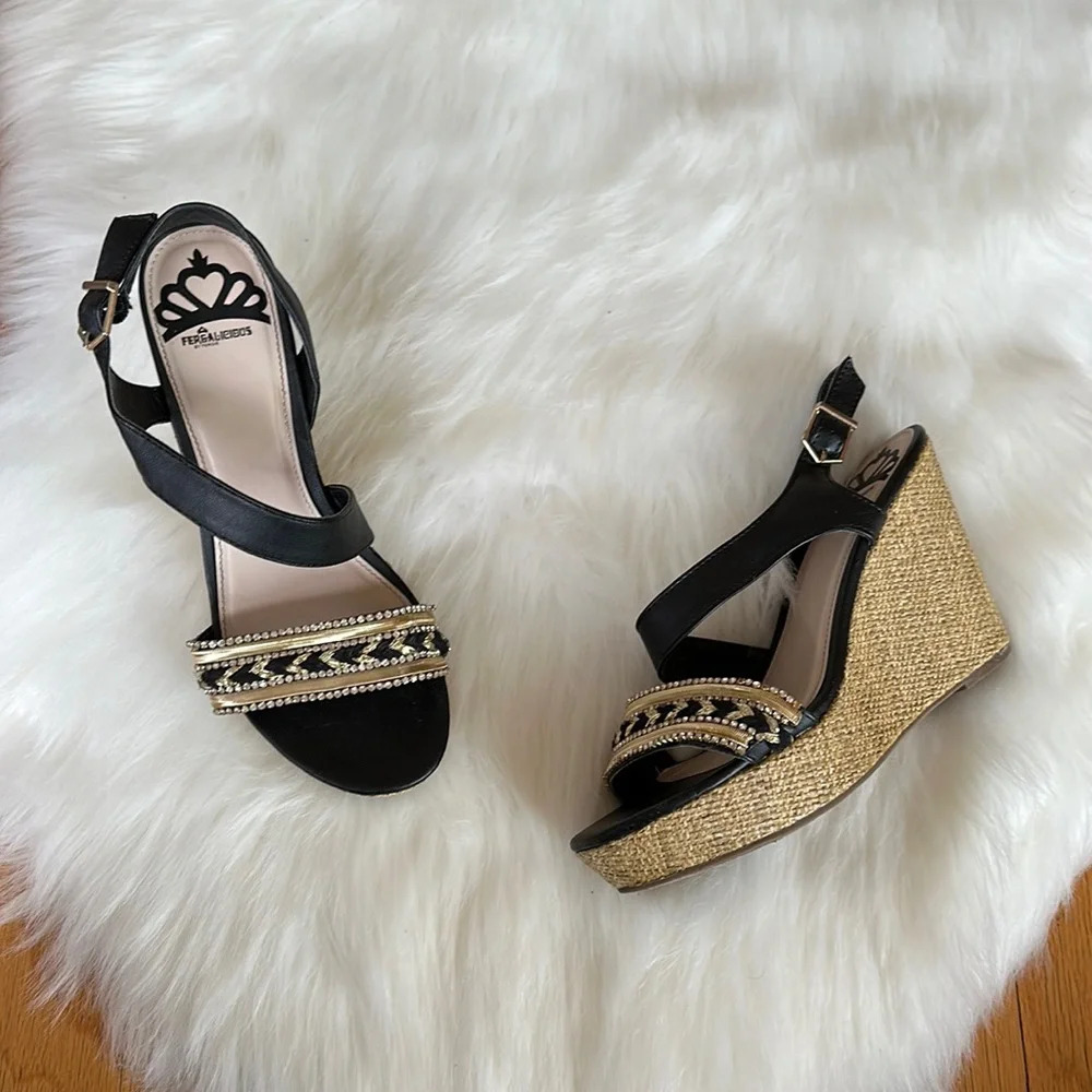 Fergalicious black strap wedge with gold embellished band